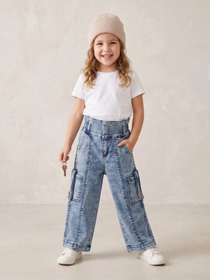 Deniva Kids Kız Çocuk Yüksek Bel Kar Yıkama Cepli Palazzo Jean Pantolon