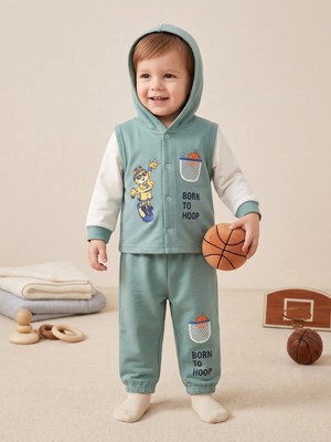 Deniva Kids Erkek Bebek Mint Yeşili Kapüşonlu Yelek Görünümlü Baskılı Eşofman Takımı Alt Üst 2'li Takım