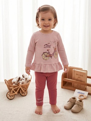 Deniva Kids Kız Bebek Gül Kurusu Pamuklu Bisiklet Desenli Fırfır Detaylı Taytlı Takım
