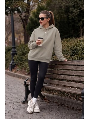 EYDAMOON Kadın Kışlık 3ip Içi Polarlı Kapüşonlu Kesik Cepli Oversize Sweatshirt