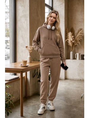EYDAMOON 3 Iplık Kışlık Kesik Cepli Eşofman Takımı Sweatshirt Jogger - Rahat Kesim Şardonlu Kapüşonlu