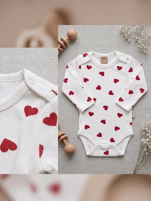 Deniva Kids %100 Pamuklu Kalp Baskılı Fitilli Uzun Kol Bebek Body Zıbın