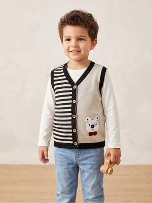 Deniva Kids Unisex Çocuk Çizgili ve Ayıcık Figürlü Düğmeli Triko Süveter Yelek