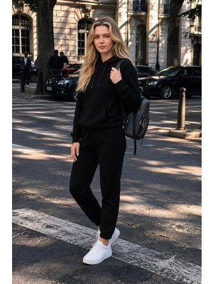 EYDAMOON 3 Iplık Kışlık Knaguru Cepli Eşofman Takımı Sweatshirt Jogger - Rahat Kesim Şardonlu Kapüşonlu