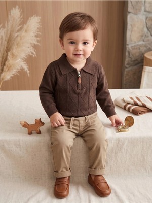 Deniva Kids Erkek Bebek Kahverengi Polo Yaka Fermuarlı Triko Kazak ve Beli Lastikli Pantolon 2'li Takım