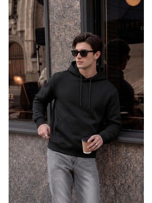 EYDAMOON Erkek Kışlık 3ip Içi Polarlı Kapüşonlu Kesik Cepli Oversize Sweatshirt