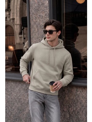 EYDAMOON Erkek Kışlık 3ip Içi Polarlı Kapüşonlu Kesik Cepli Oversize Sweatshirt