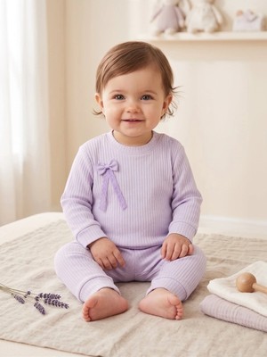 Deniva Kids Kız Bebek Lila Fitilli Kaşkorse Fiyonk Detaylı Omuzdan Çıtçıtlı Uzun Kollu Alt Üst Takım