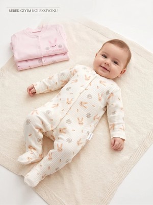 Deniva Kids Kız Bebek 3'lü Pembe Tavşan Desenli Pamuklu Uzun Kollu Ribana Tulum Seti