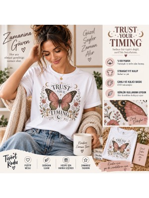 Tişört Kodu Trust Your Timing Kelebek Baskılı Beyaz Kadın Straight Fit Tişört