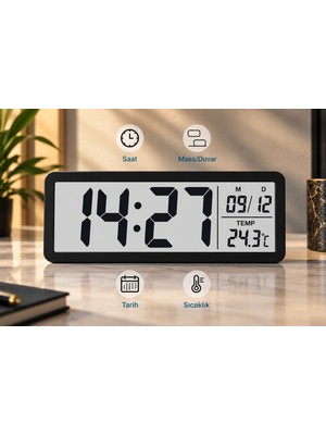 Kenly Dijital Masa ve Duvar Saati 20X8 cm – Büyük LCD Ekran, Tarih ve Sıcaklık Göstergeli, Ev Ofis Saati