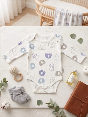 Deniva Kids Bebek %100 Pamuk Kaşkorse Uzun Kollu Fil Desenli Kruvaze Çıtçıtlı Zıbın / Badi