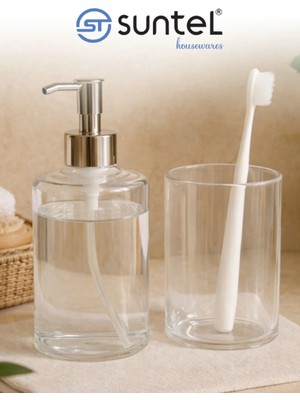 Suntel Şeffaf Sert Plastik Sıvı Sabunluk ve Diş Fırçalık Seti – Banyo Aksesuar Seti (2’li)