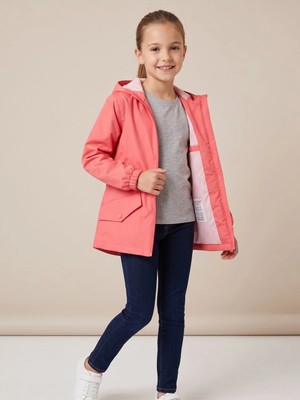 Deniva Kids Kız Çocuk Mercan Pembe Kapüşonlu Su Itici Çizgili Astarlı Fermuarlı Yağmurluk Rüzgarlık