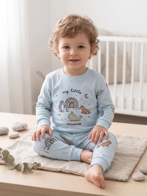 Deniva Kids Erkek Bebek Açık Mavi My Little Universe Desenli %100 Pamuklu 2'li Pijama / Ev Giyim Takımı