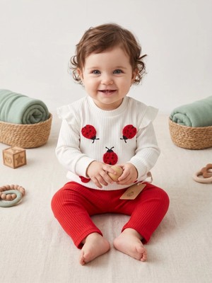 Deniva Kids Kız Bebek Kırmızı Uğur Böceği Desenli Fırfırlı Fitilli Triko Takım