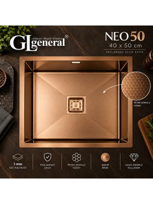 GL General General Neo 50 Paslanmaz Çelik Mutfak Eviyesi 40X50 cm 1 mm Petek Dokulu Tek Göz Kare Giderli Eviye + Sifon