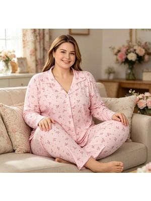 NiCe İç Giyim Battal Beden Pembe Çiçek Desenli Uzun Kollu Gömlek Yaka Kadın Pijama Takımı Yumuşak ve Rahat (3xl -4 Xl -5xl)