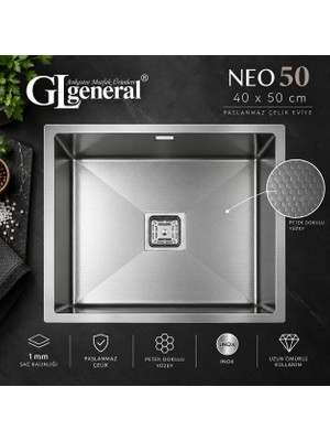 GL General General Neo 50 Paslanmaz Çelik Mutfak Eviyesi 40X50 cm 1 mm Petek Dokulu Tek Göz Kare Giderli Eviye + Sifon