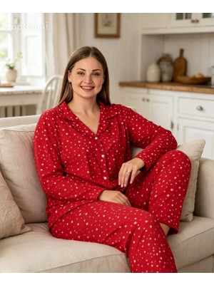 NiCe İç Giyim Kadın Battal Büyük Beden Uzun Kollu Düğmeli Pijama Takımı Kırmızı Yıldız Desenli Yumuşak Doku Rahat & Şık Ev Giyim (3xl-4xl-5xl)