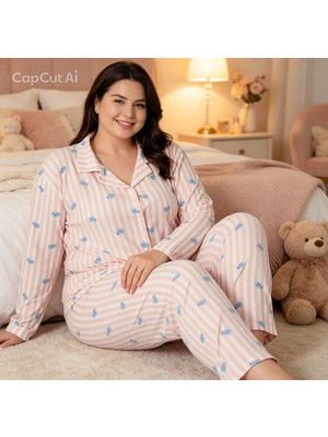 NiCe İç Giyim Battal Beden Kadın Pijama Takımı Uzun Kollu Çizgili Çiçek Desenli Şık & Yumuşak Rahat Ev Giyim (3xl-4xl-5xl)