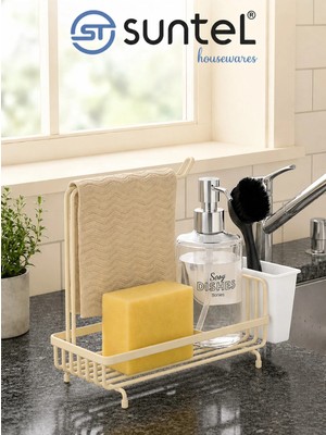 Suntel Mutfak Lavabo Üstü Düzenleyici Organizer - Bej Metal Süngerlik, Deterjanlık ve Bez Askılı Stand