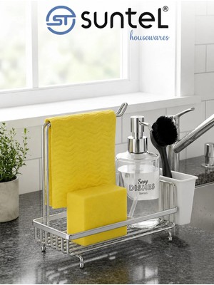 Suntel Mutfak Lavabo Üstü Düzenleyici Organizer - Krom Metal Süngerlik, Deterjanlık ve Bez Askılı Stand