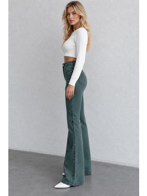 Shevega Kadın Yeşil Tintli Ispanyol Paça Denim Jean Pantolon