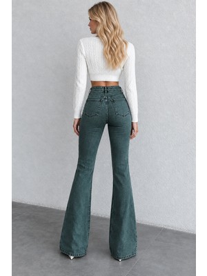 Shevega Kadın Yeşil Tintli Ispanyol Paça Denim Jean Pantolon