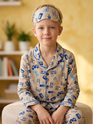 Enie Erkek Çocuk Pamuklu Oyun Konsolu Desenli Uzun Kollu Pijama Takımı + Göz Bandı
