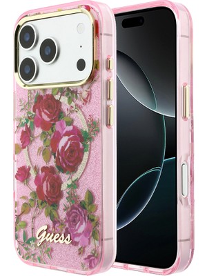 iPhone 18 Pro Uyumlu Kılıf Guess Lisanslı M-Safeli Gül Desenli Simli Yazı Logolu Kapak Pembe