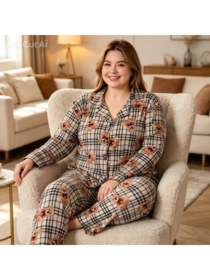 NiCe İç Giyim Kadın Battal Beden Pijama Takımı | Yumuşak Dokulu Teddy Desenli Uzun Kollu Düğmeli Rahat & Şık Ev Giyim (3xl-4xl-5xl Beden)