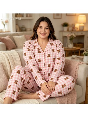 NiCe İç Giyim Kadın Oversize Battal Büyük Beden Uzun Kol Pijama Takımı Ayıcık Baskılı Ekose Desenli Rahat Ev Giyimi Yumuşak Kumaş (3xl-4xl-5xl Beden)