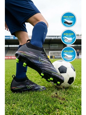 Walkway Siyah Çoraplı Bağcıklı Unisex Çocuk Futbol Ayakkabısı Krampon Strike F