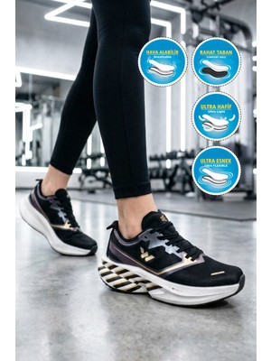 Walkway Siyah-Altın Ileli Hafif Hafızalı Rahat Tabanlı Unisex Koşu Yürüyüş ve Spor Ayakkabı Space G