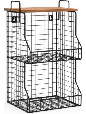 Mey İthalat 2 Katlı Ahşap Raflı Metal Organizer Sepet, Duvara Monte Edilebilir Mutfak ve Banyo Düzenleyici, Üst Üste Takılabilir Baharatlık, Meyvelik ve Sebzelik