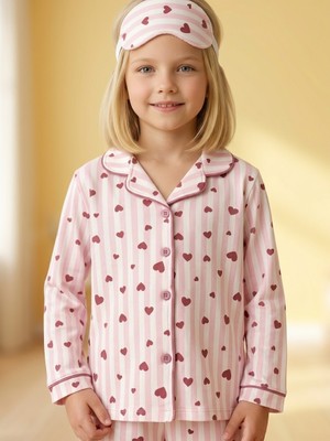 Enie Kız Çocuk Pembe Kalp Desenli Çizgili Pamuklu Uzun Kollu Göz Bantlı Pijama Takımı