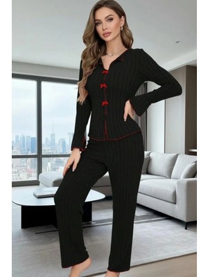 Pileli Store Kadın Siyah Kırmızı Biyeli Fiyonk Detaylı Uzun Kollu Mevsimlik Pijama Takımı Premium Ev Giyim