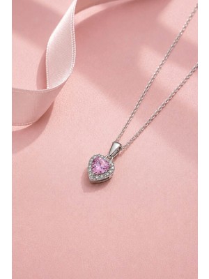 Gümüş Pazarım Pembe Taşlı Kalp Gümüş Kolye