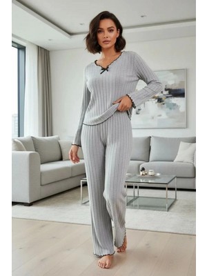 Pileli Store Kadın Gri Çizgili Fiyonk Detaylı Uzun Kollu Mevsimlik Pijama Takımı Premium Ev Giyim