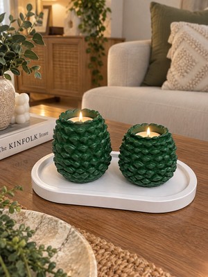 Bubu Home Premium Kozalak Desenli Yeşil 2’li Mumluk Seti – Dekoratif Tealight Mumluk