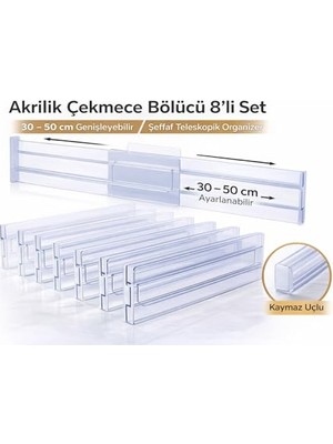 Kazan Hobi Akrilik Çekmece Bölücü Organizer, Şeffaf, Teleskopik Ayarlanabilir 30–50 Cm, Kaymaz Uçlu