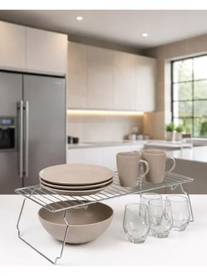 Kazan Hobi 47 cm Geniş Metal Dolap Içi Düzenleyici Raf, Katlanabilir Tabak Düzenleyici, Krom