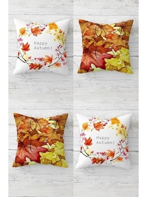 Kazan Hobi Happy Autmn Sonbahar Yaprakları Gizli Fermuarlı Kırlent Kılıfı Takımı (4ADET), Sarı-Kahverengi 45 x 45