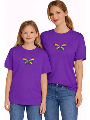 Vodexa Anne Kız Çocuk Kombin Oversize Tişört Twin T-Shirt Renkli Kelebek Baskılı
