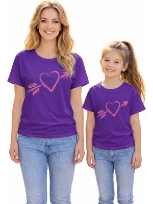 Vodexa Anne Kız Kombin Oversize Tişört Twin T-Shirt Anne Cocuk Oklu Kalp Baskılı (Tekli Satılmaktadır)