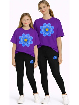 Vodexa Anne Kız Çocuk Kombin Oversize Tişört Twin T-Shirt Mavi Sarı Çiçek Baskılı
