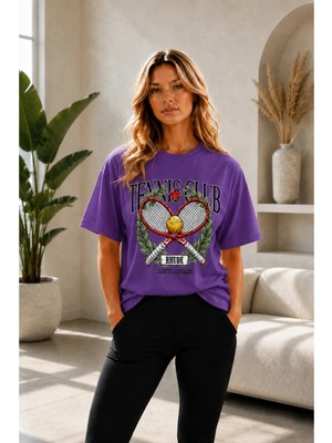 Vodexa Unisex Oversize Tennis Baskılı T-Shirt %100 Pamuk Tenis Temalı Rahat Kalıp Kısa Kollu Tişört