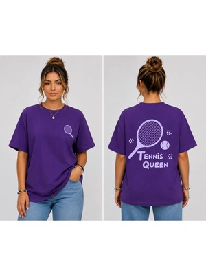 Vodexa Unisex Oversize Tennis Baskılı T-Shirt %100 Pamuk Tenis Temalı Rahat Kalıp Kısa Kollu Tişört