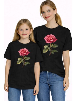 Vodexa Anne Kız Çocuk Kombin Oversize Tişört Twin T-Shirt Kırmızı Gül Baskılı